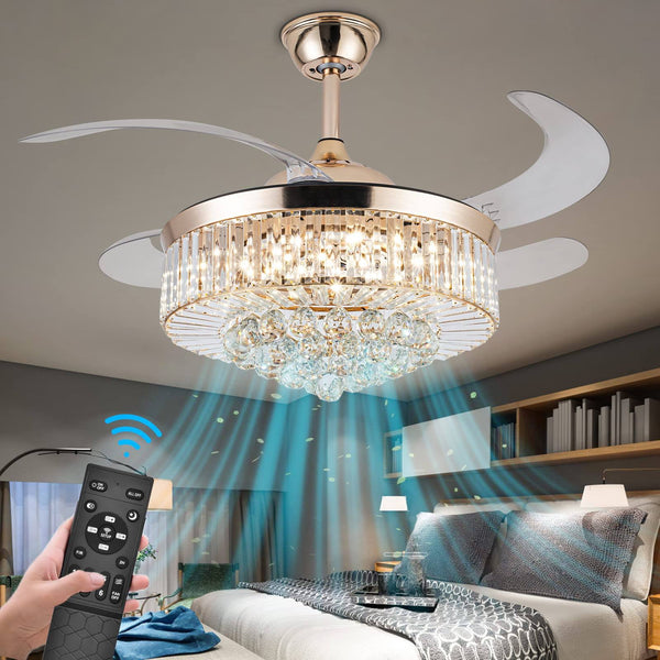 Crystal Ceiling Fan with Light, 42 inch LED 3 Color Remote Control Retractable Invisible Blades 3 Speeds Indoor Ceiling Light Kits with Fans for